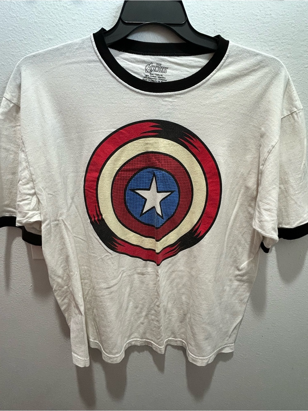 Avenger White Ringer Tee with Red, Blue and Black Captain Shield Graphic